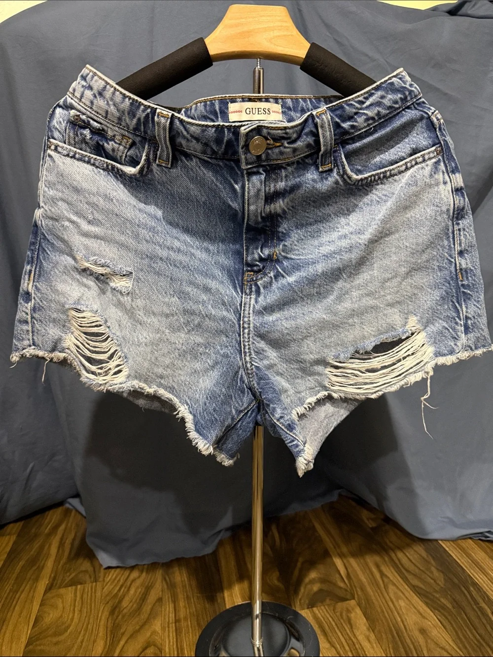 GUESS Light Blue Distressed Denim Cutoff Shorts